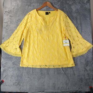 Rafaella Women's MP Snap Dragon Yellow Lace Bell Sleeve Blouse Floral Eyelet Top